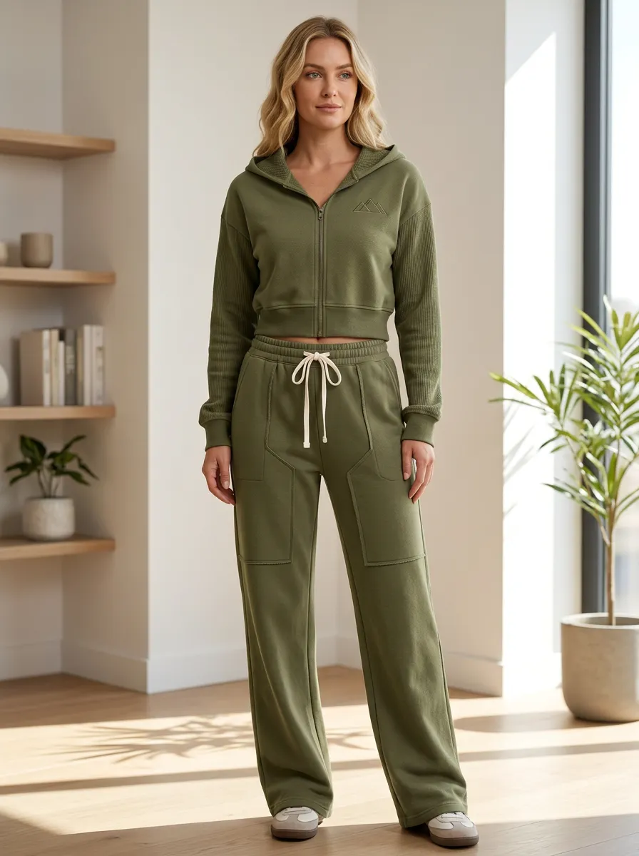 Women's Outdoor Hiking Mountain Embroidered Zip-up Hoodie Sweatpants Set