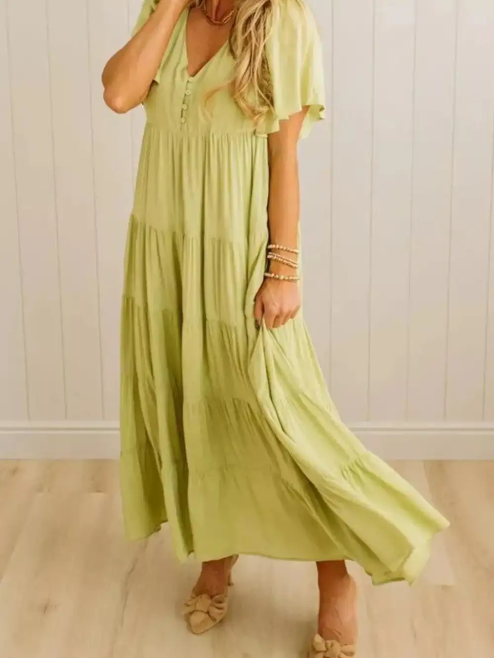 V Neck Tiered Midi Dress