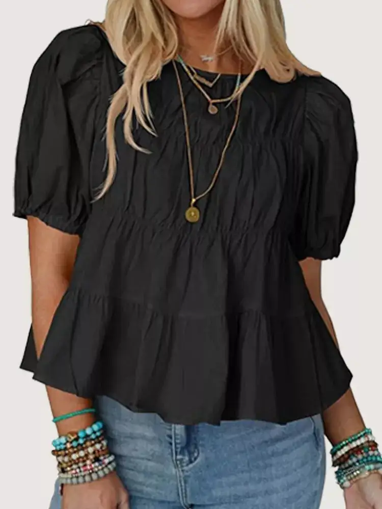 Ruched Tiered Puff Sleeve Blouse