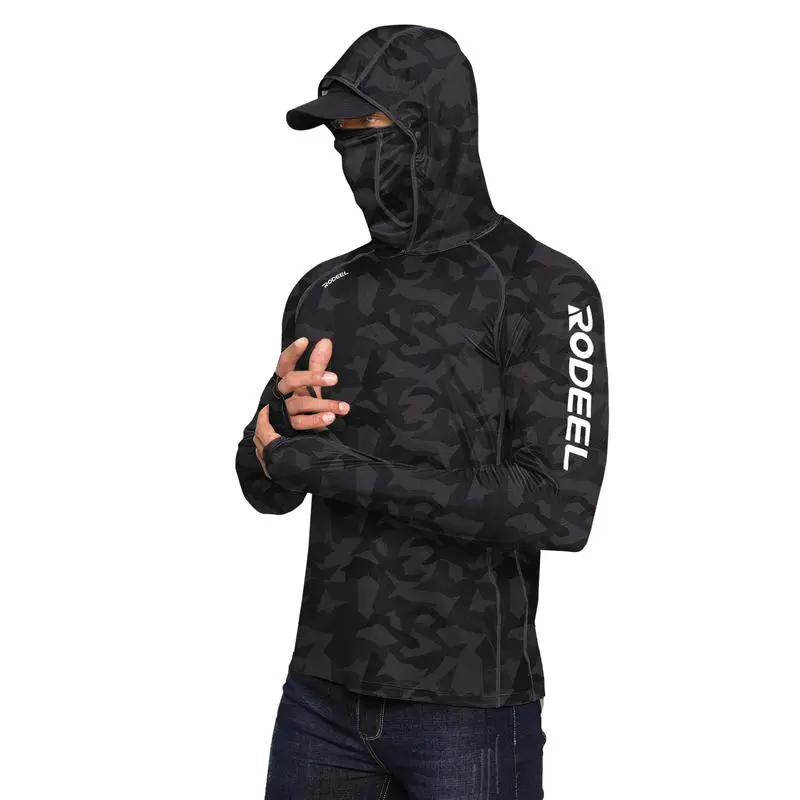 Sun Hoodie Shirt w/ UV Detection Mask Neck Gaiter Thumbhole Men UPF 100+ Sun Protection Raglan Long Sleeve Lightweight Quick Dry Moisture Wicking Breathable Cooling Athletic Activewear for Outdoor Hiking Fishing Construction Roofing Landscaping