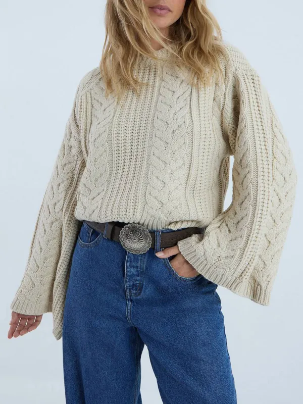 Cream Beige Argyle Print Cable Knit Sweater