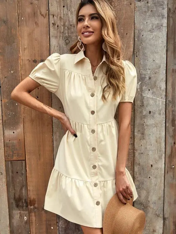 Women Puff Sleeve Button Front Shirt Smock Dress