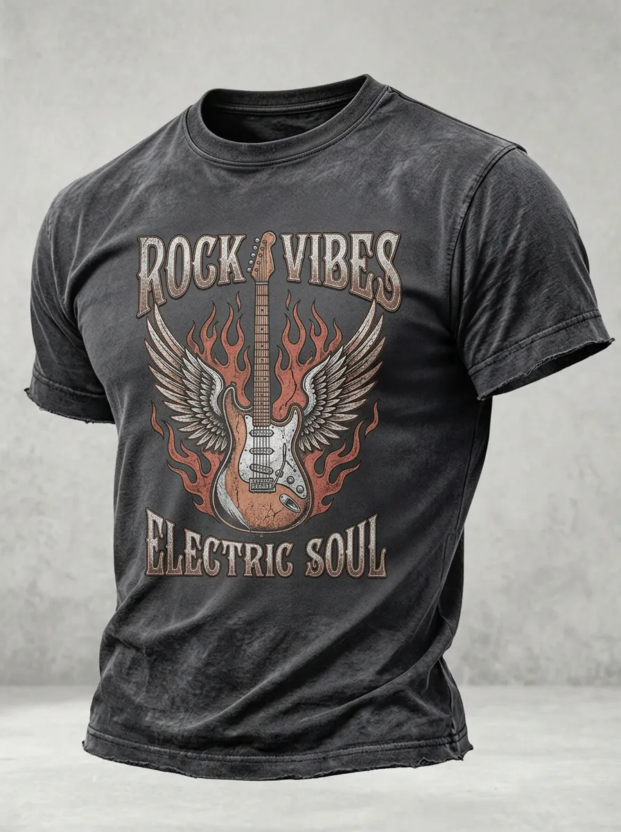 Men's Rock Music Lover Winged Electric Guitar Printed T-shirt