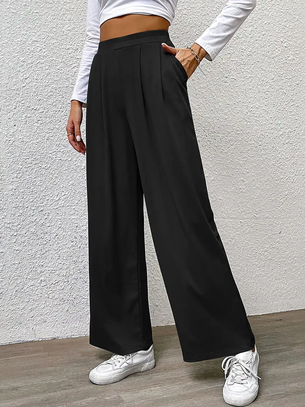 Draped High Waist Straight Leg Pants