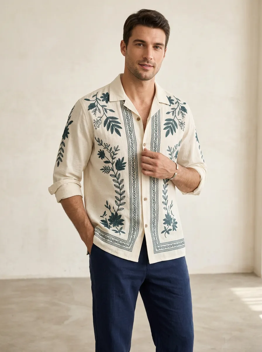 Men's Boho Inspired Botanical Boho Printed Linen Shirt