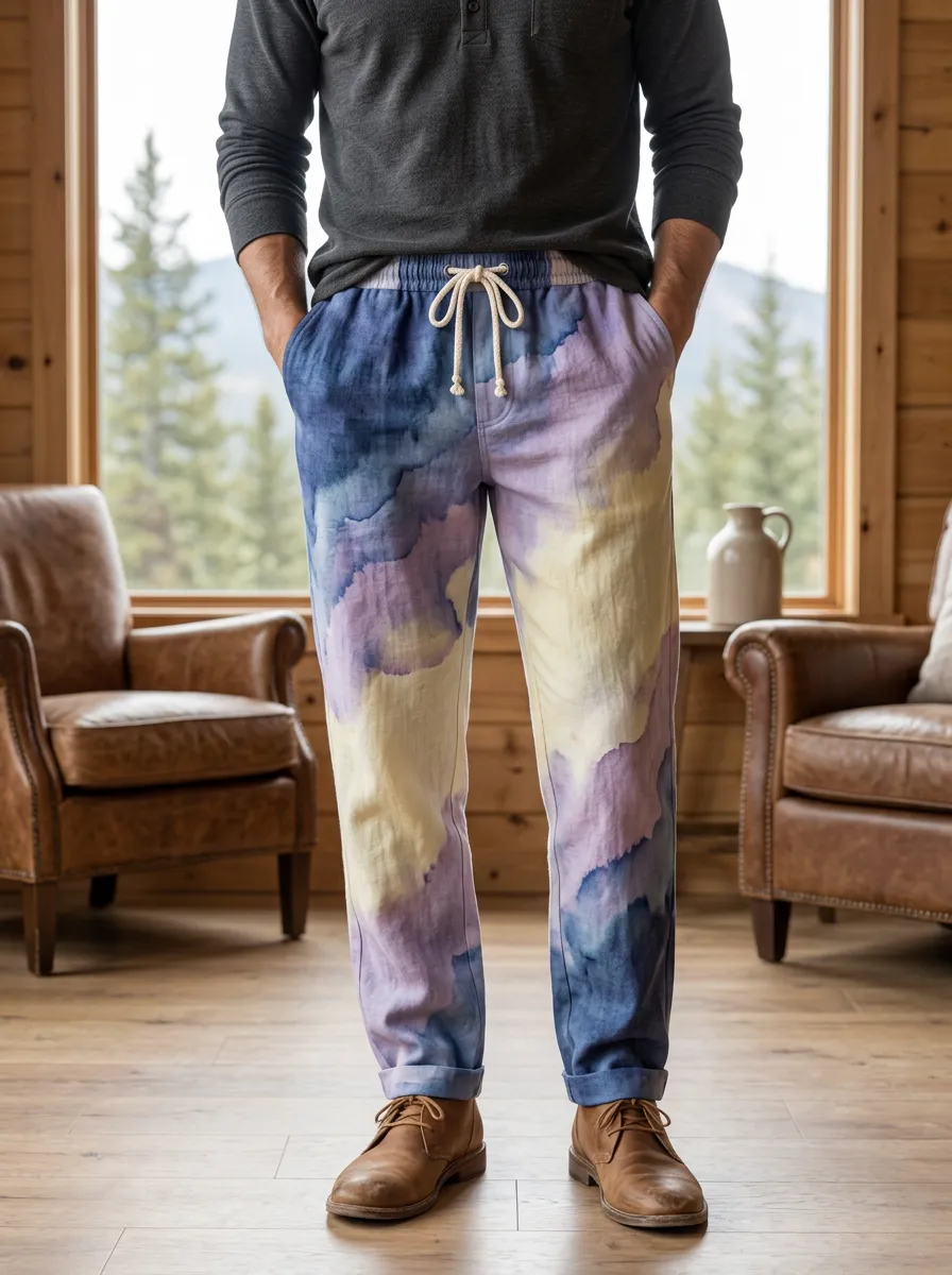 Men's Watercolor Abstract Blue Purple Printed Pants
