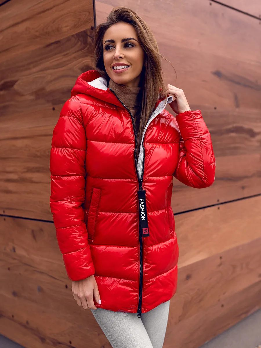 women's red quilted winter jacket with hood