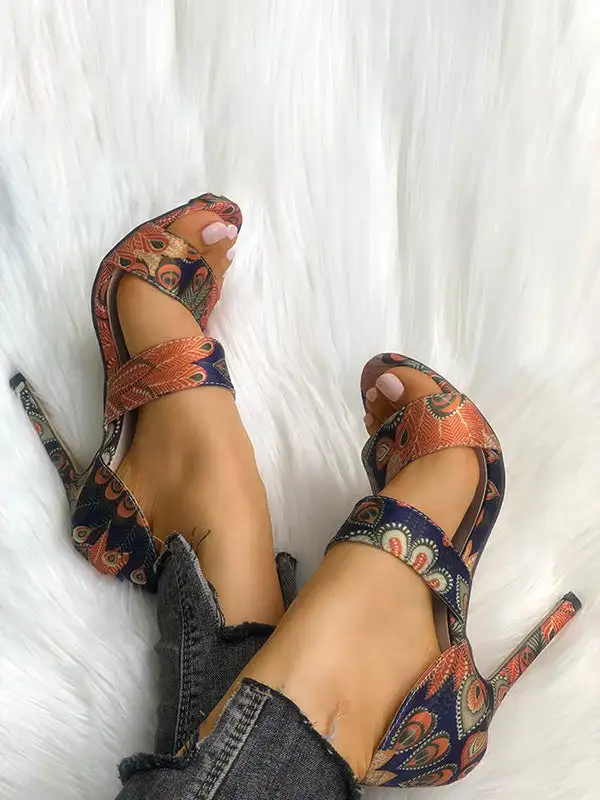 Open-Toe Print Heeled Sandals