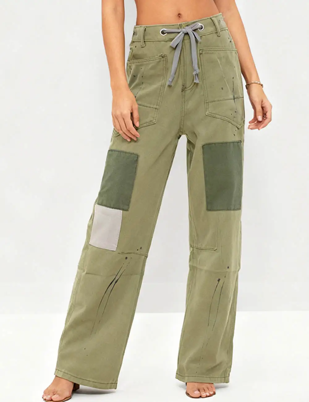 Patchwork Drawstring Paint Splatter Denim Pants
