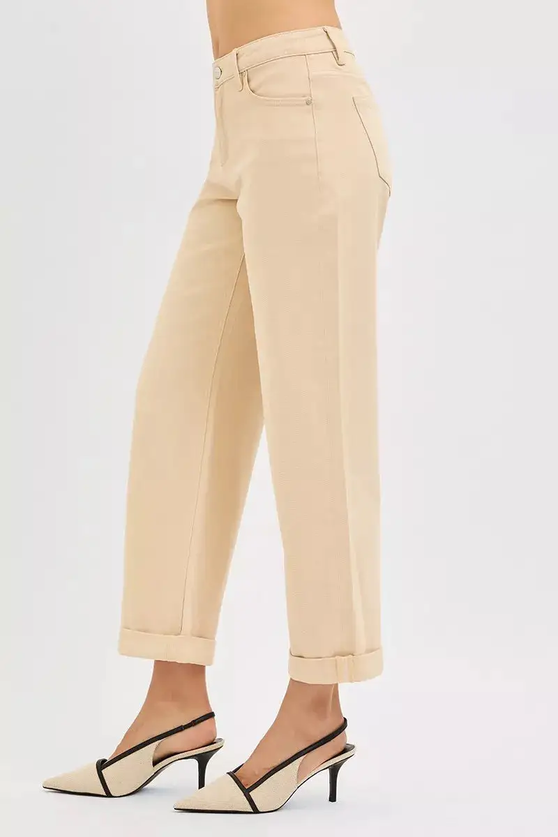 Classic Mid Rise Cuffed Hem Wide Leg Jeans