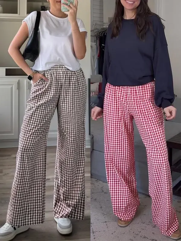 Women's High-Waisted Casual Striped And Checkered Wide-Leg Pants