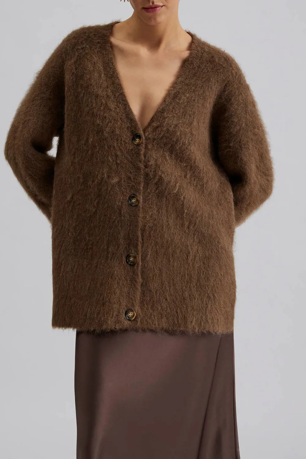 Fuzzy V Neck Button Front Cardigan