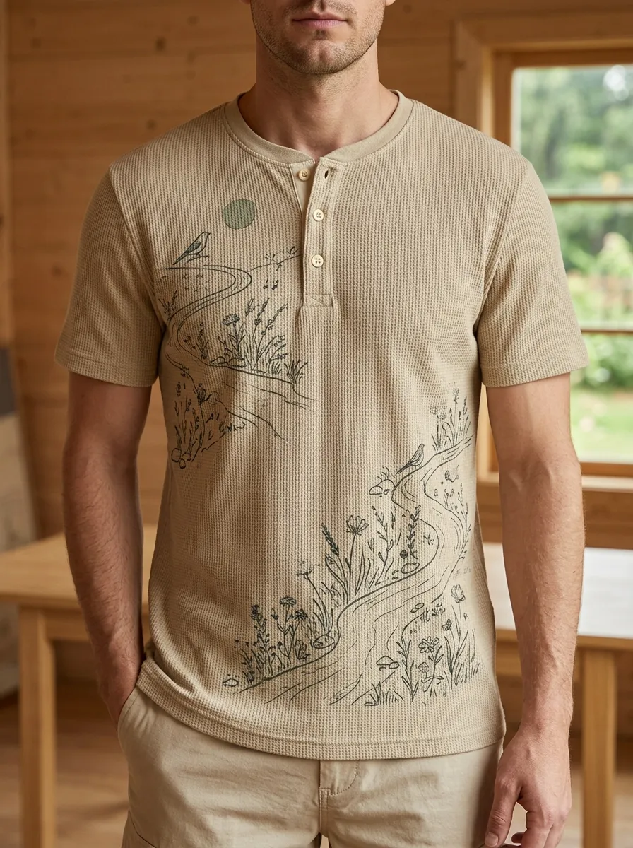 Men's Nature Lover Wildflower Landscape Printed Henley T-shirt