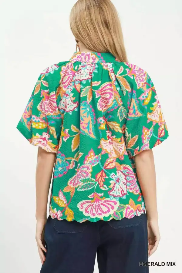 Mix Floral Print Scallop Hem Blouse