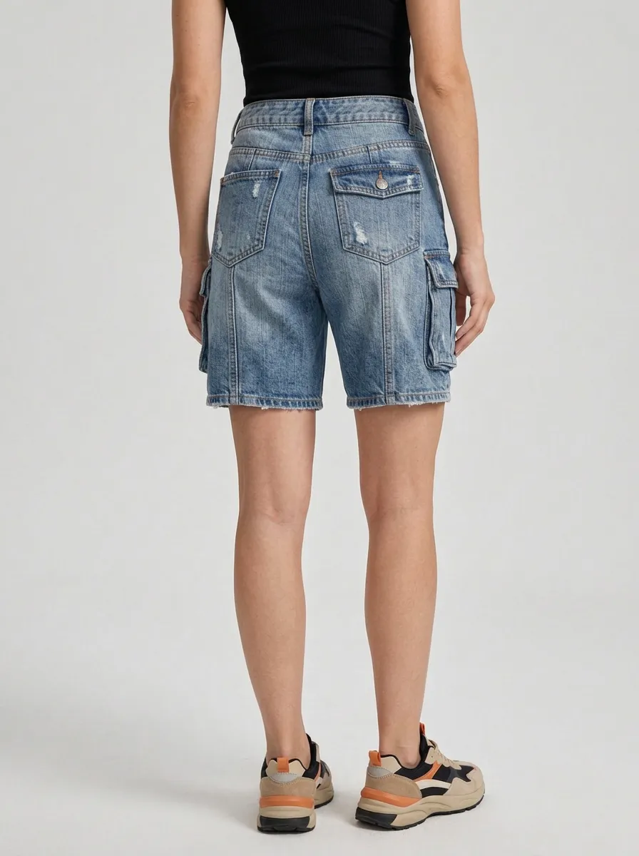 Women's Modern High-Waisted Distressed Cargo Denim Shorts