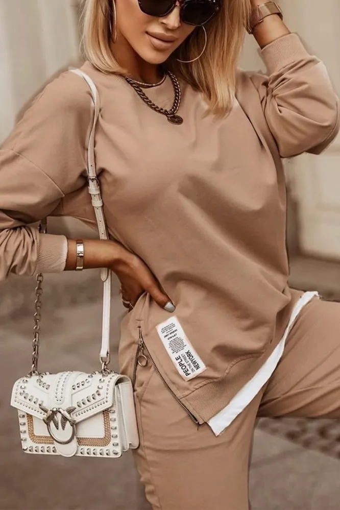 Women's Fashion Side Slit Fake Two-piece Top & Pants Two-piece Set