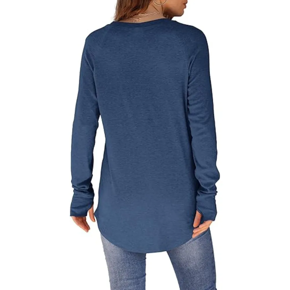 Womens Tunic Tops to Wear with Leggings Long Sleeve Thumb Hole Shirts Crew Neck Curved Hem