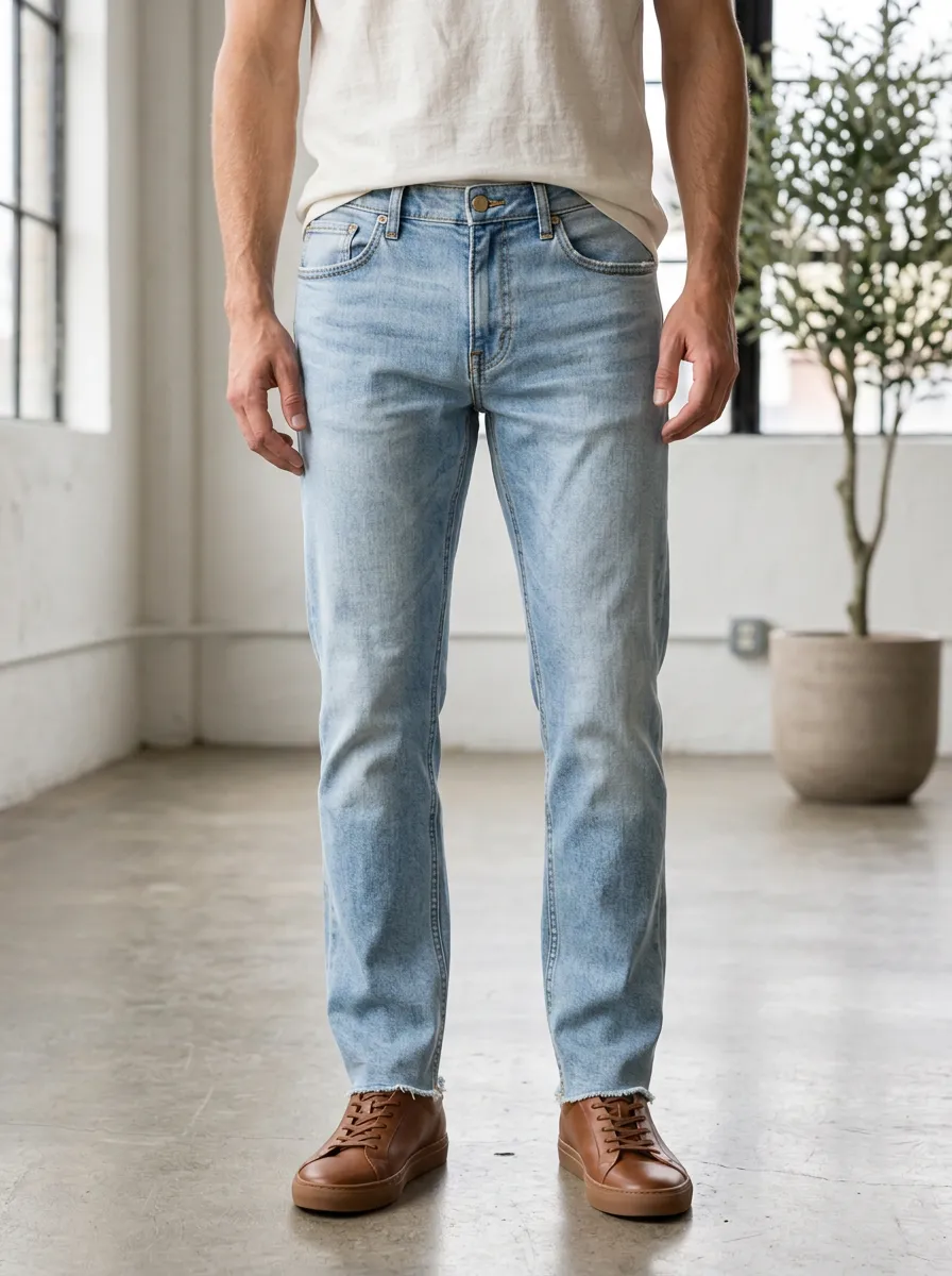Men's Light Wash Raw Hem Slim Fit Denim Jeans