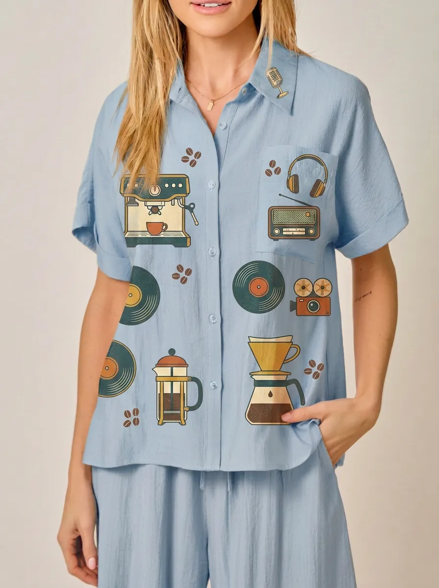 Women's Coffee Music Lover Vinyl Radio Printed Shirt