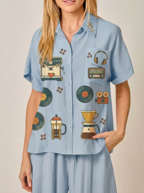 Women's Coffee Music Lover Vinyl Radio Printed Shirt