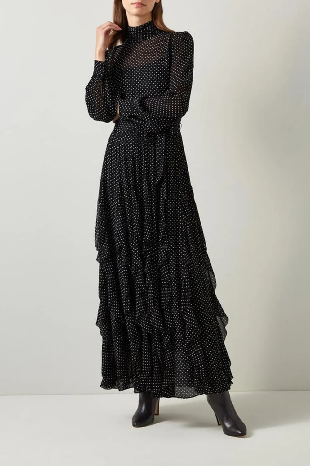 Black Polka Dot Ruffled Maxi Dress