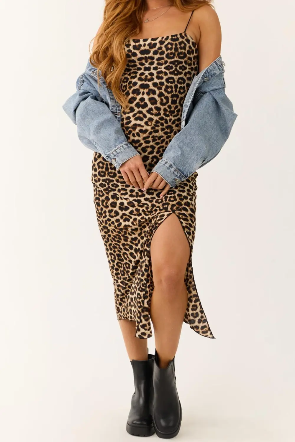 Camel Leopard Print Sleeveless Fitted Midi Dress