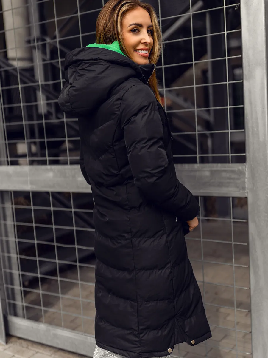 Black women's long quilted winter jacket with hood