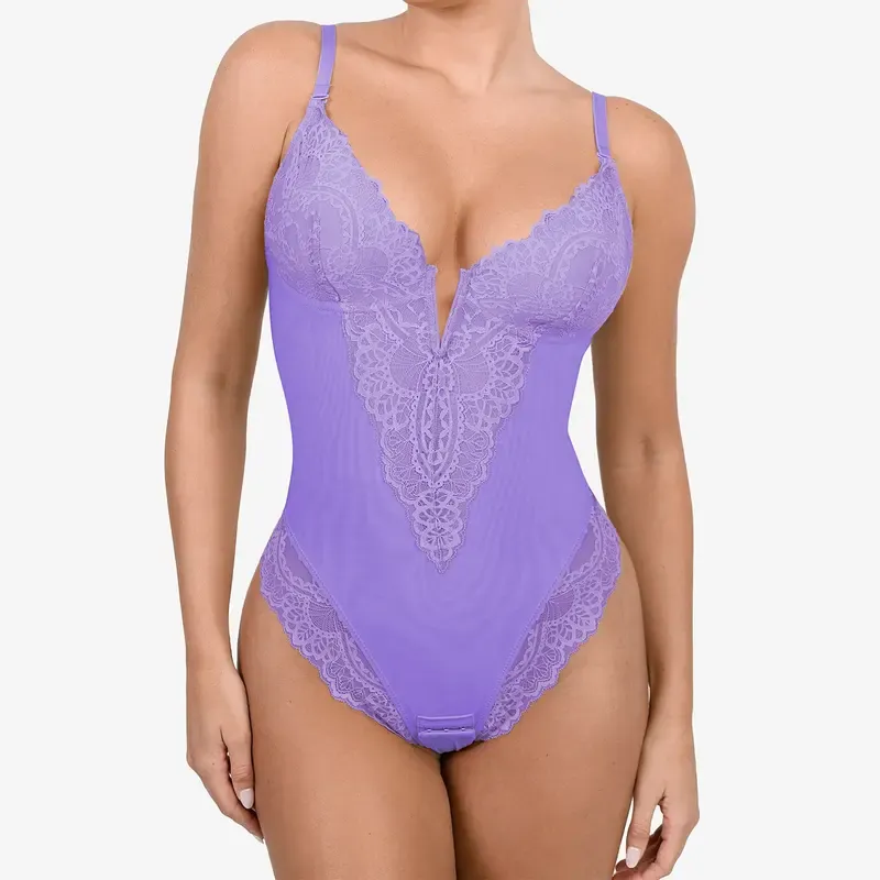 Womens Deep V Lace Bodysuit Built-in Shapewear Breathable Shaping Tops