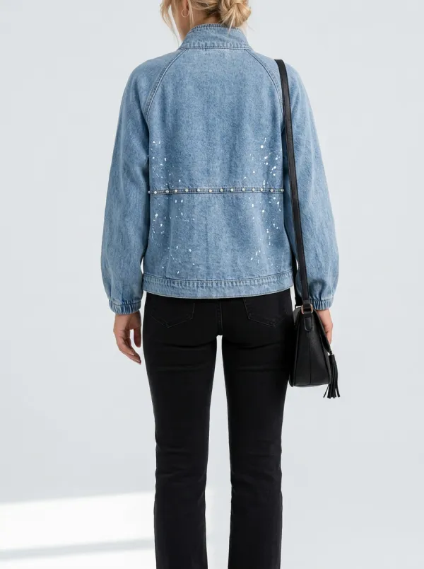 Women's Casual Streetwear Paint Splatter Studded Denim Jacket