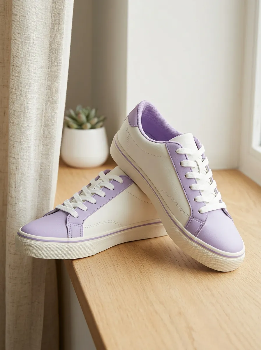 Women's Casual Pastel Purple White Colorblock Printed Sneakers