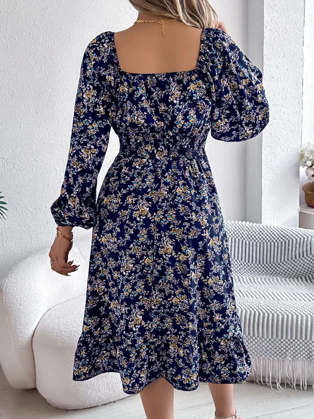 Floral Printed Square Neck Midi Dress