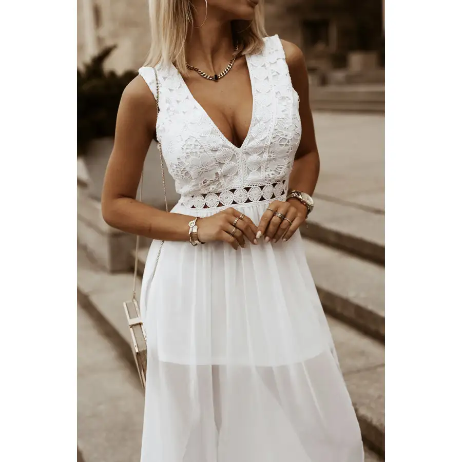 Slit Lace Detail V Neck Dress