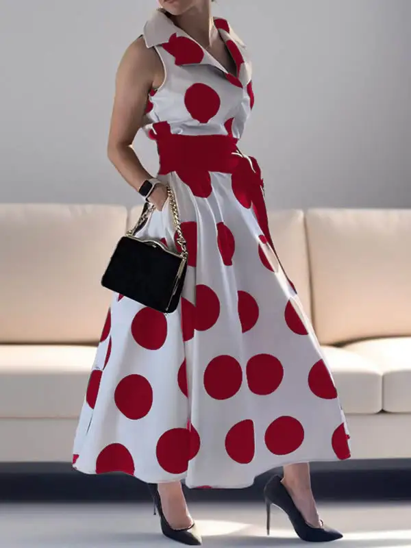 Polka Dot Sleeveless Shirt Maxi Dress