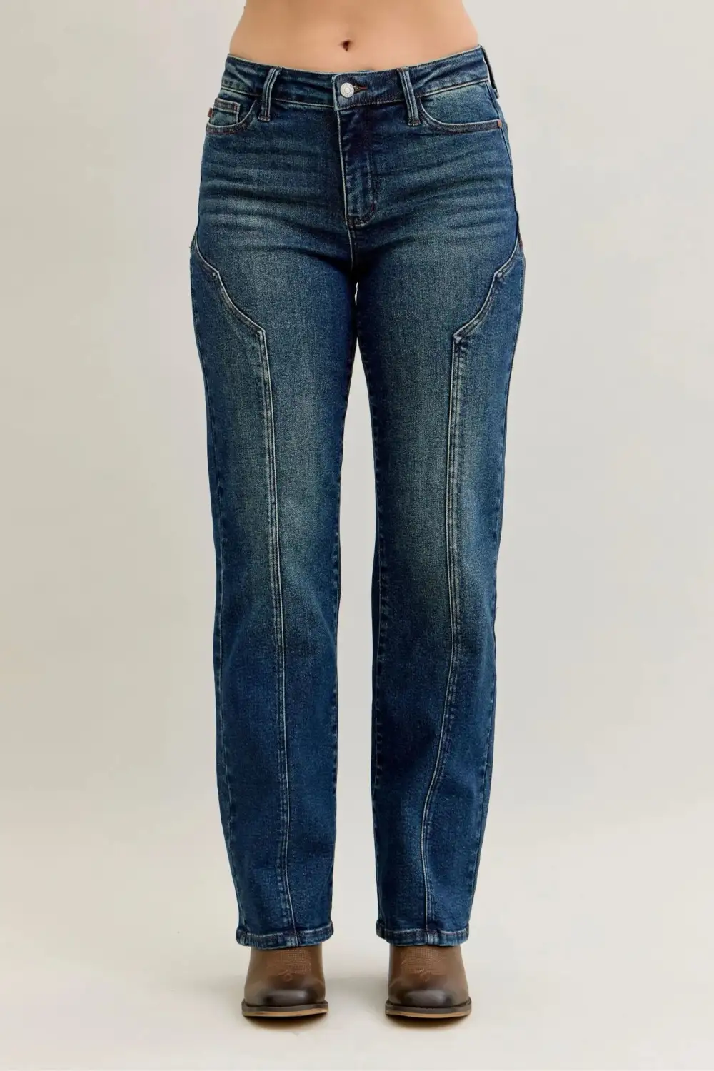 Vintage-Wash Pocketed Stretch Straight Leg Jeans