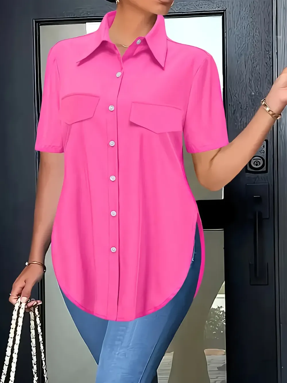 Solid Color Irregular Button Short Sleeve Shirt