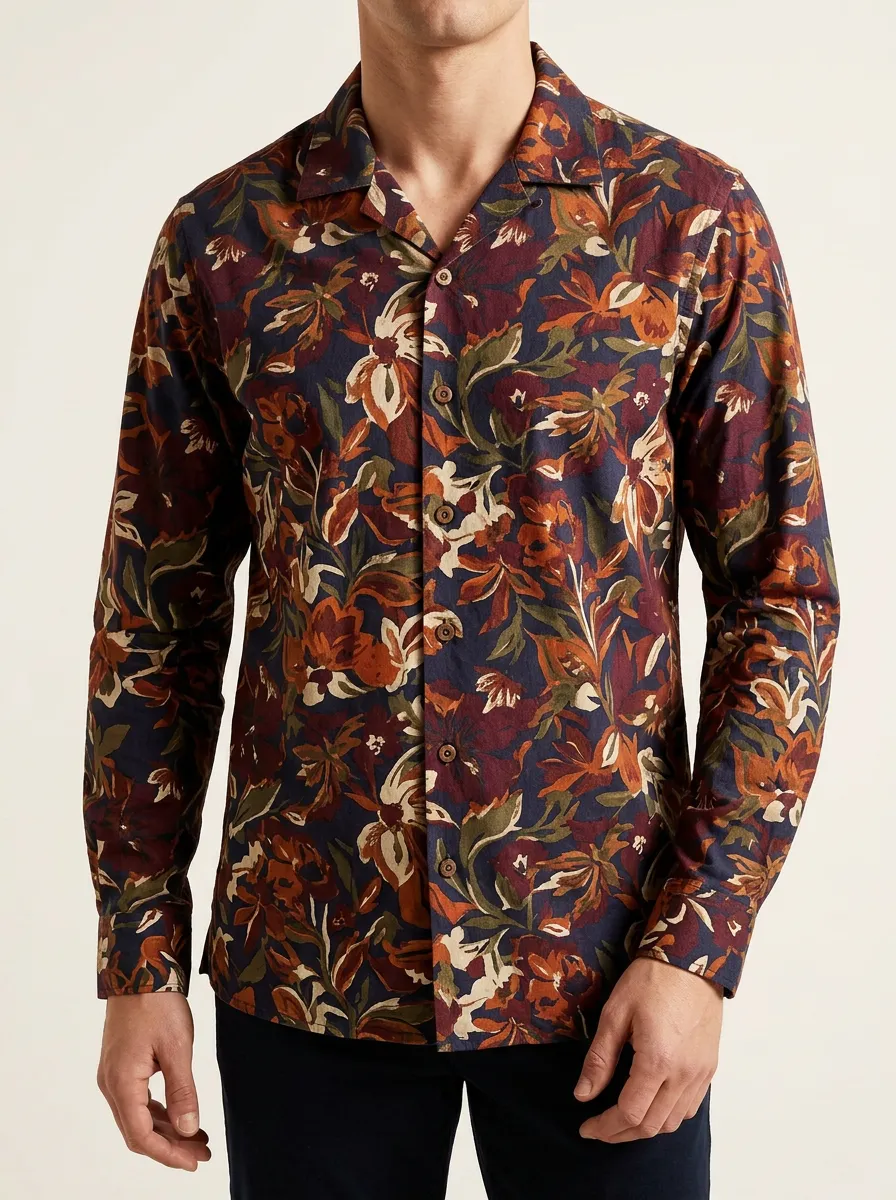 Men's Floral and Vintage Art Print Long Sleeve Shirt