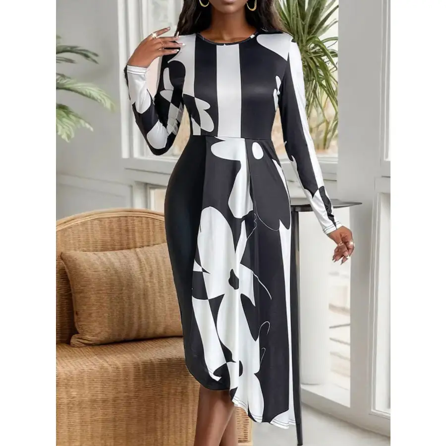 Asymmetrical Slit Round Neck Long Sleeve Midi Dress