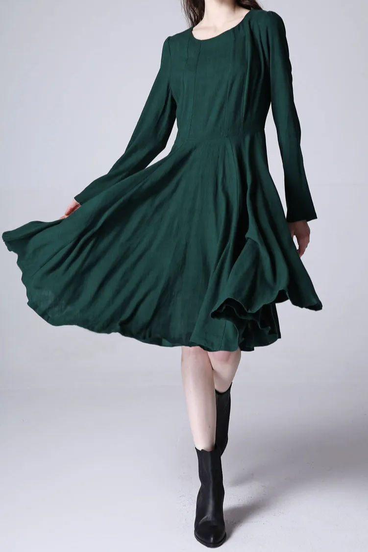 Refined Linen Fit And Flare Swing Long Sleeve Midi Dress