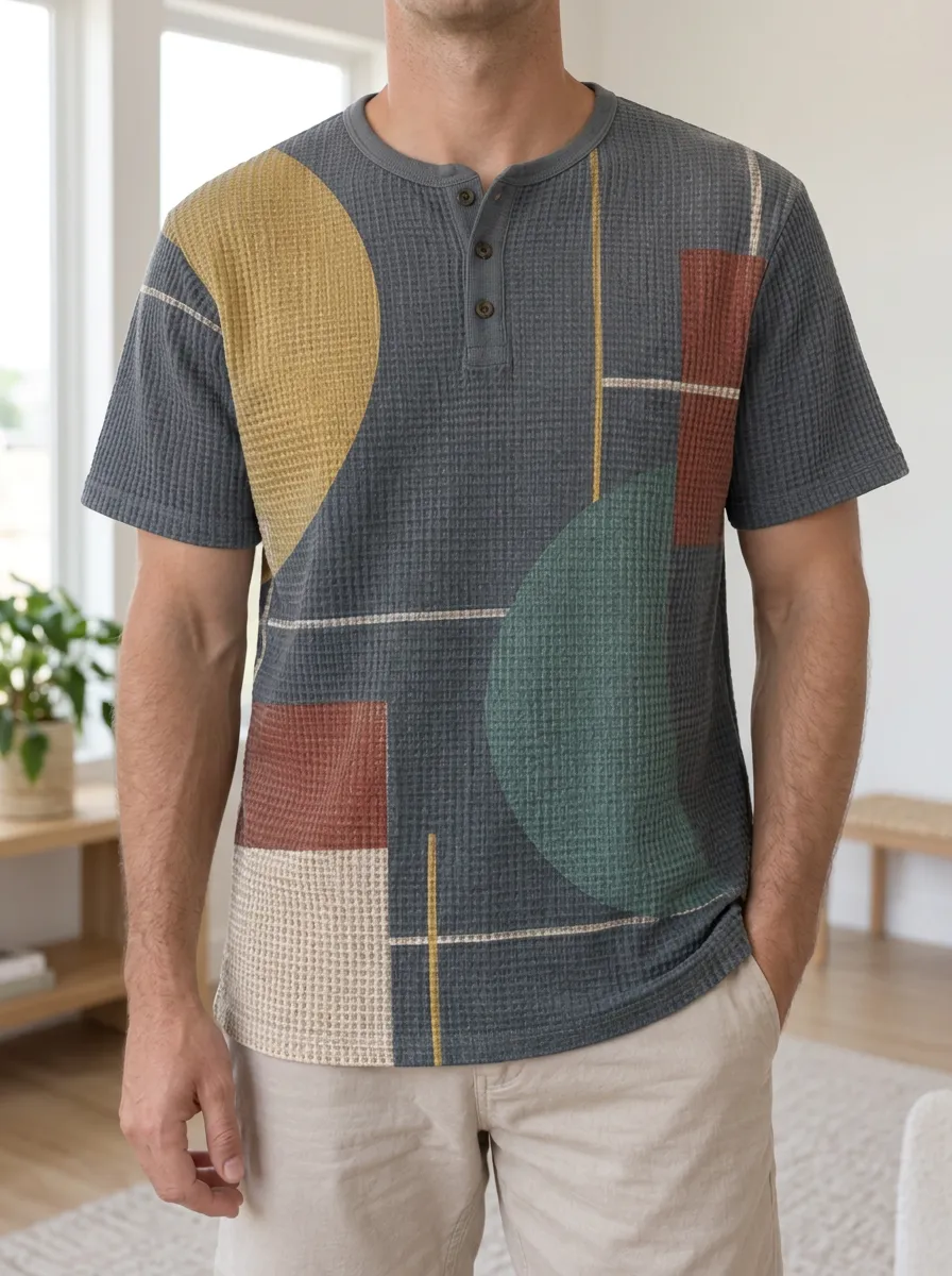 Men's Relaxed Abstract Geometric Waffle Henley T-Shirt