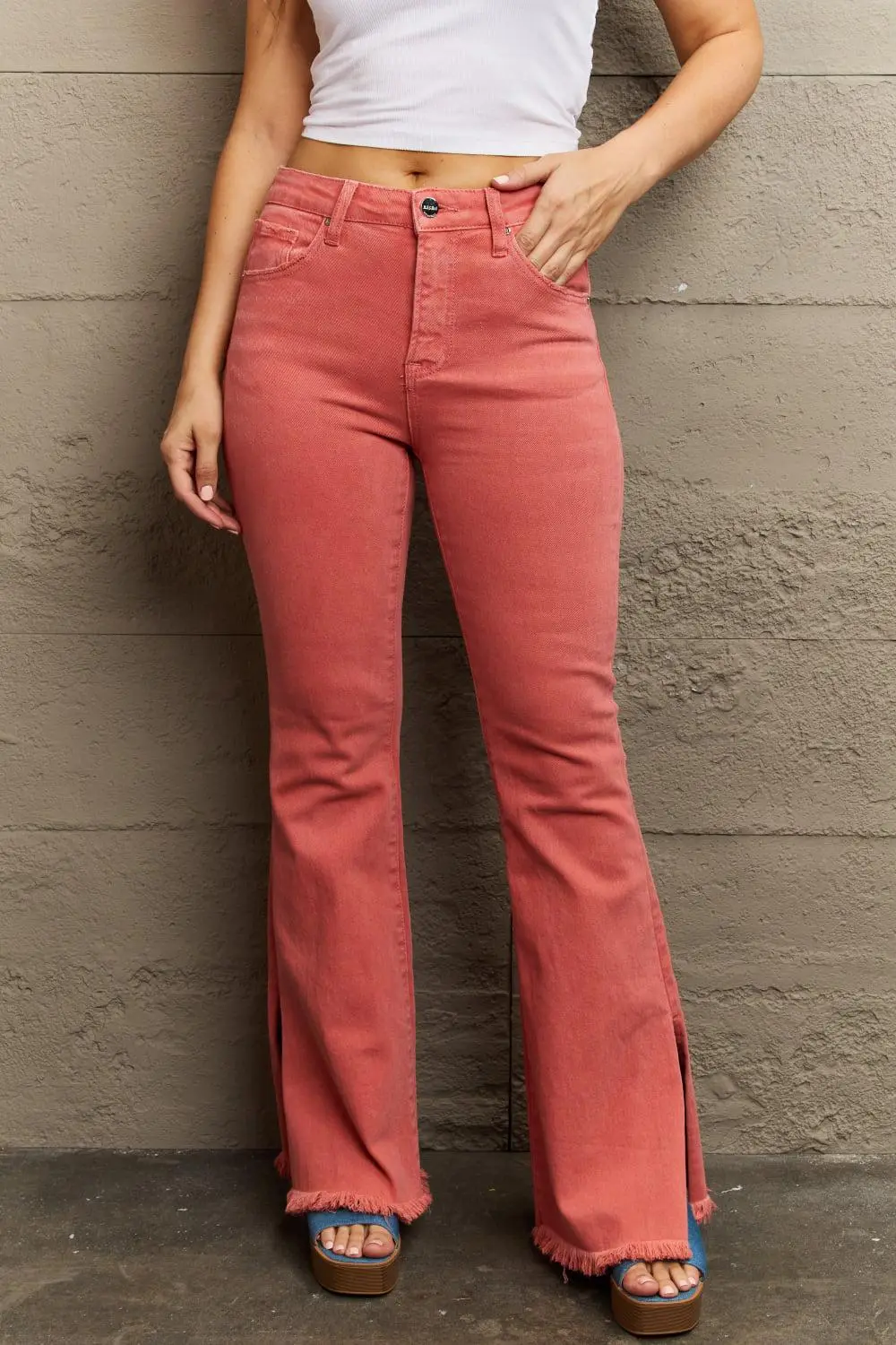 Smooth High Waist Flare Leg Slit Denim Jeans