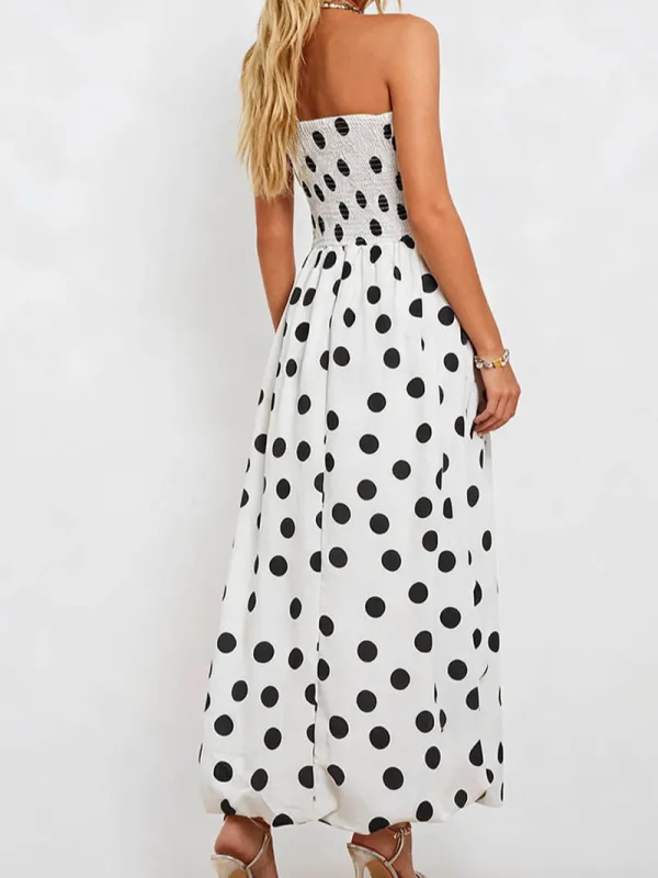 Strapless Polka Dot Smocked Sleeveless Maxi Dress