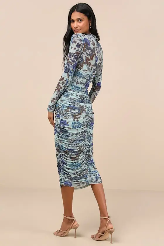 Impressive Flirt Black Mesh Ruched Mock Neck Midi Dress