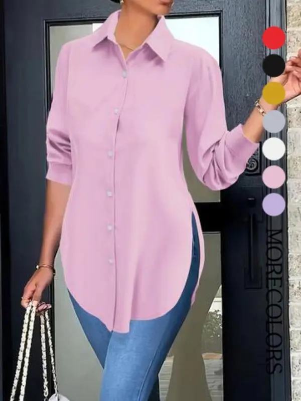 9PACK-Solid Color Irregular Side Long Sleeve Shirt