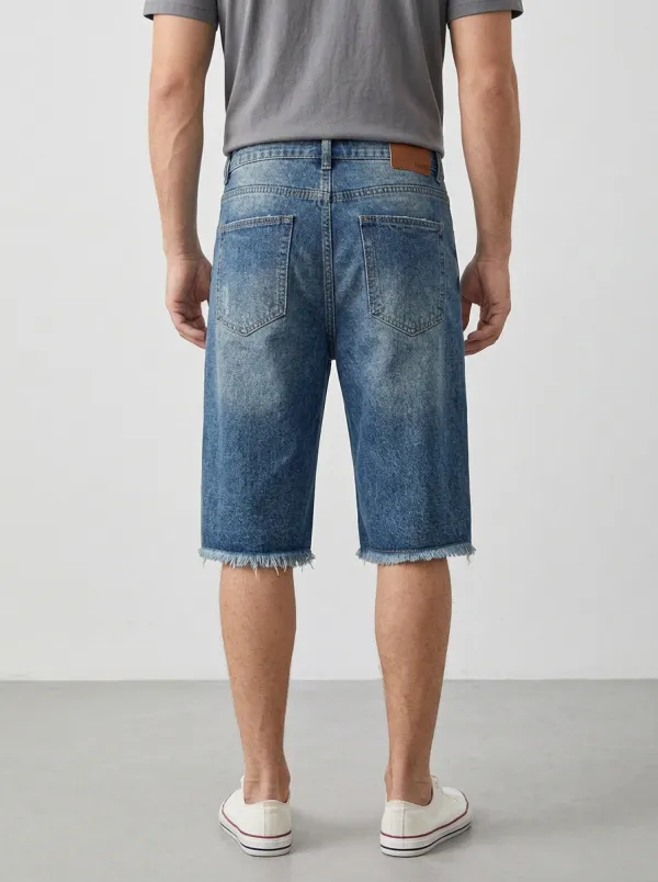 Mobility-Focused Distressed Raw Hem Casual Look Men's Distressed Raw Hem Denim Shorts