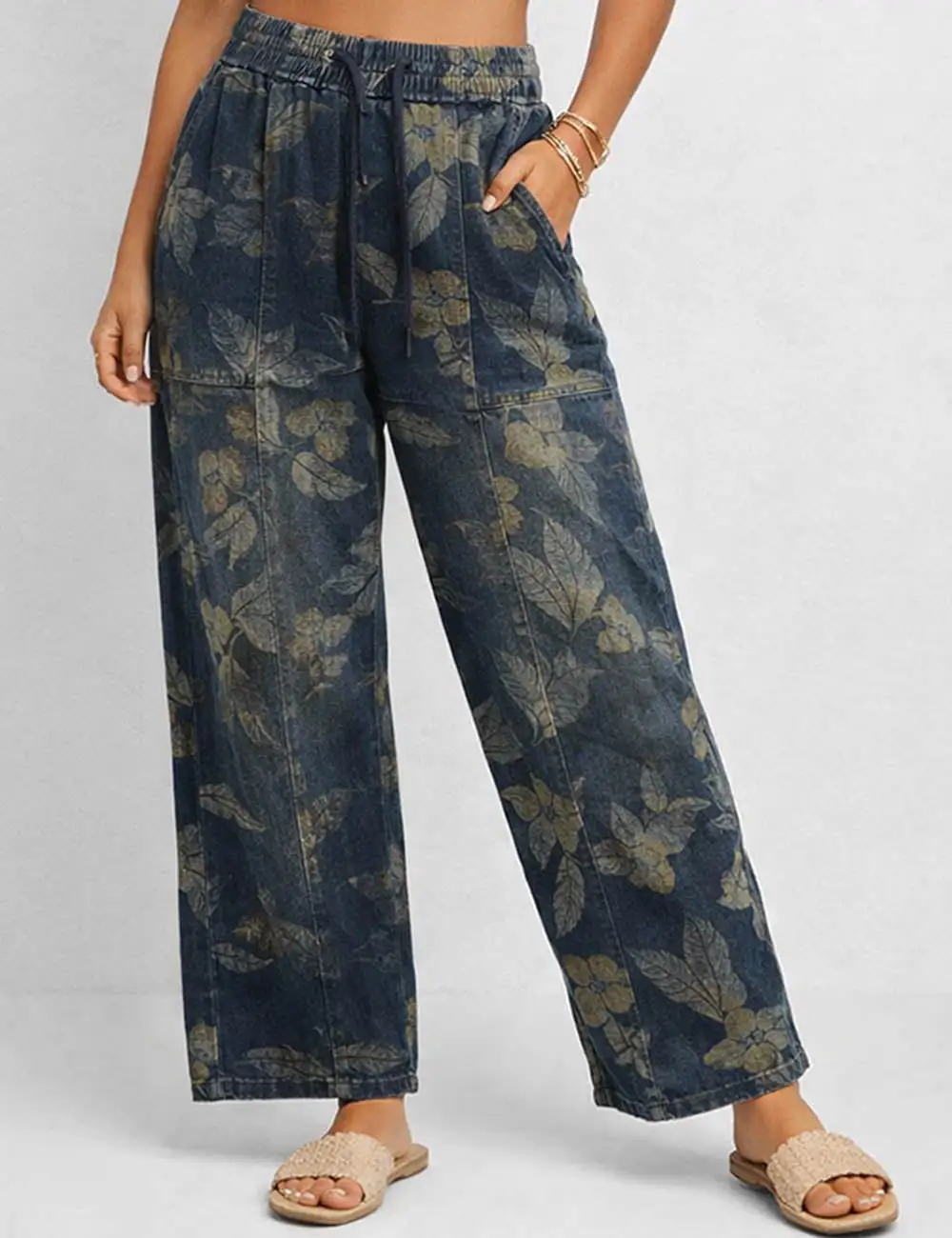 Pocket Graphic Print Elastic Waist Barrel Leg Denim Pants