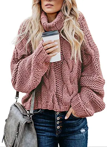 Women's 2025 Turtleneck Balloon Long Sleeve Casual Loose Chunky Cable Knit Pullover Sweater Outerwear