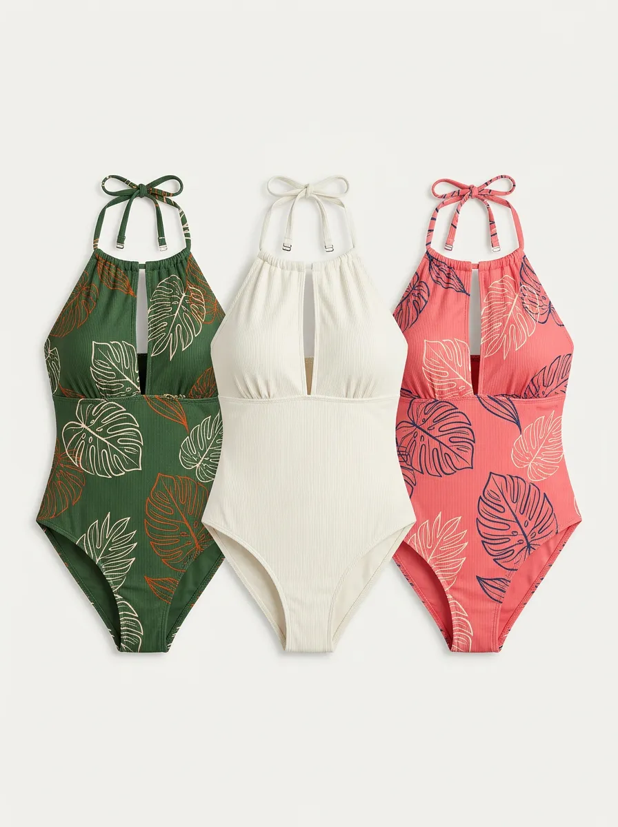 Women's Tropical Vacation Leaf Printed Ribbed Halter 3 Piece Bathing Suits