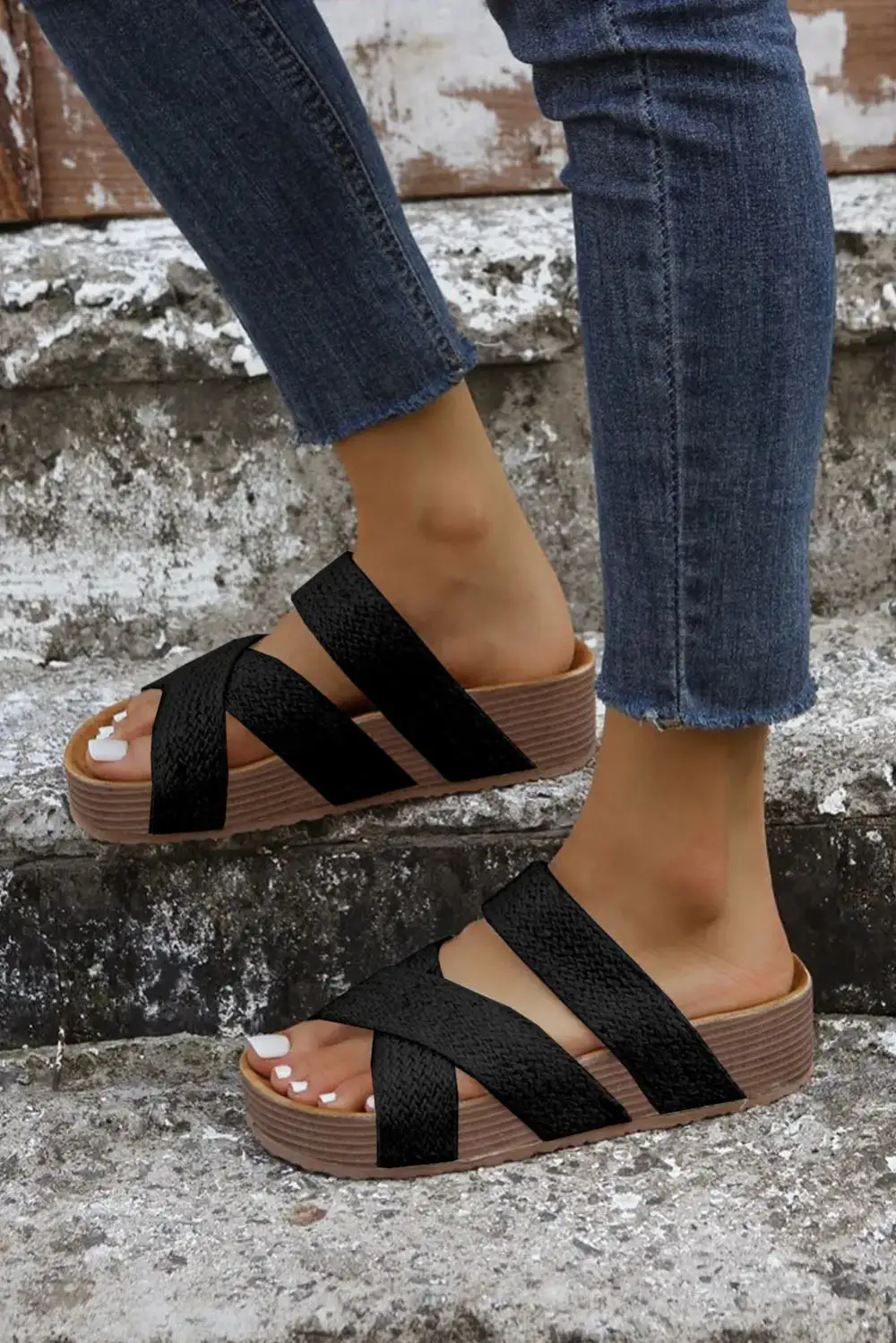 Woven Crisscross Platform Slide Sandals