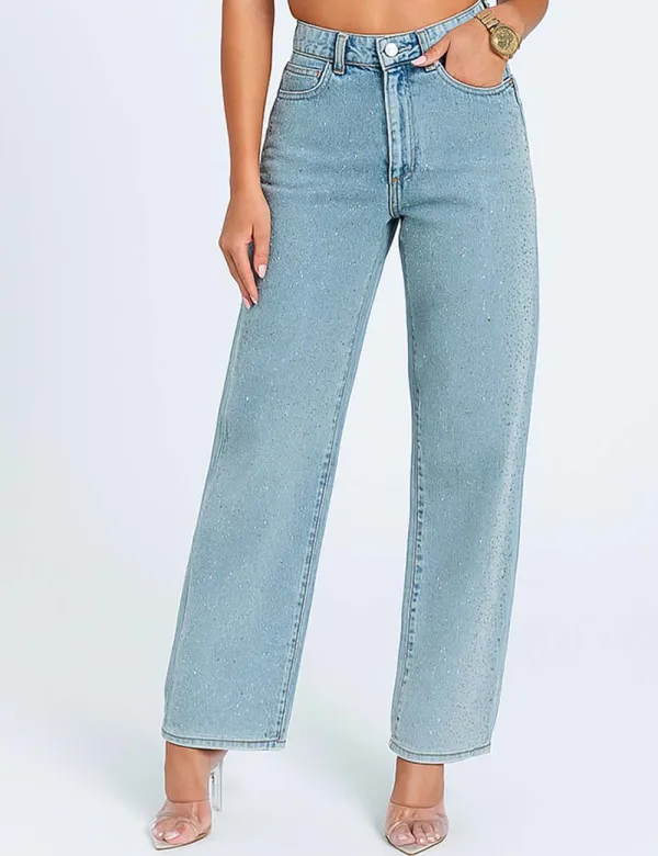 Rhinestone Button Front Straight Leg Denim Pants