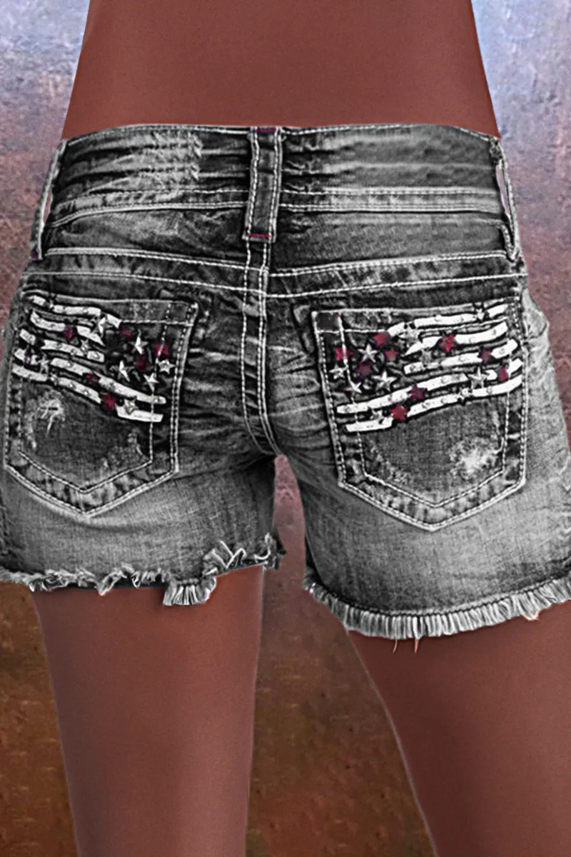 American Flag Patched Button Fly Raw Hem Denim Shorts